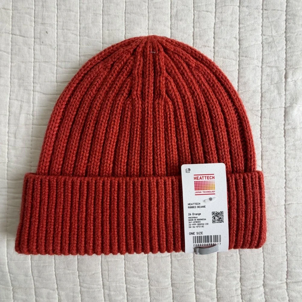 Uniqlo Heattech Ribbed Beanie Orange Knit Hat Wool Blend One Size NEW